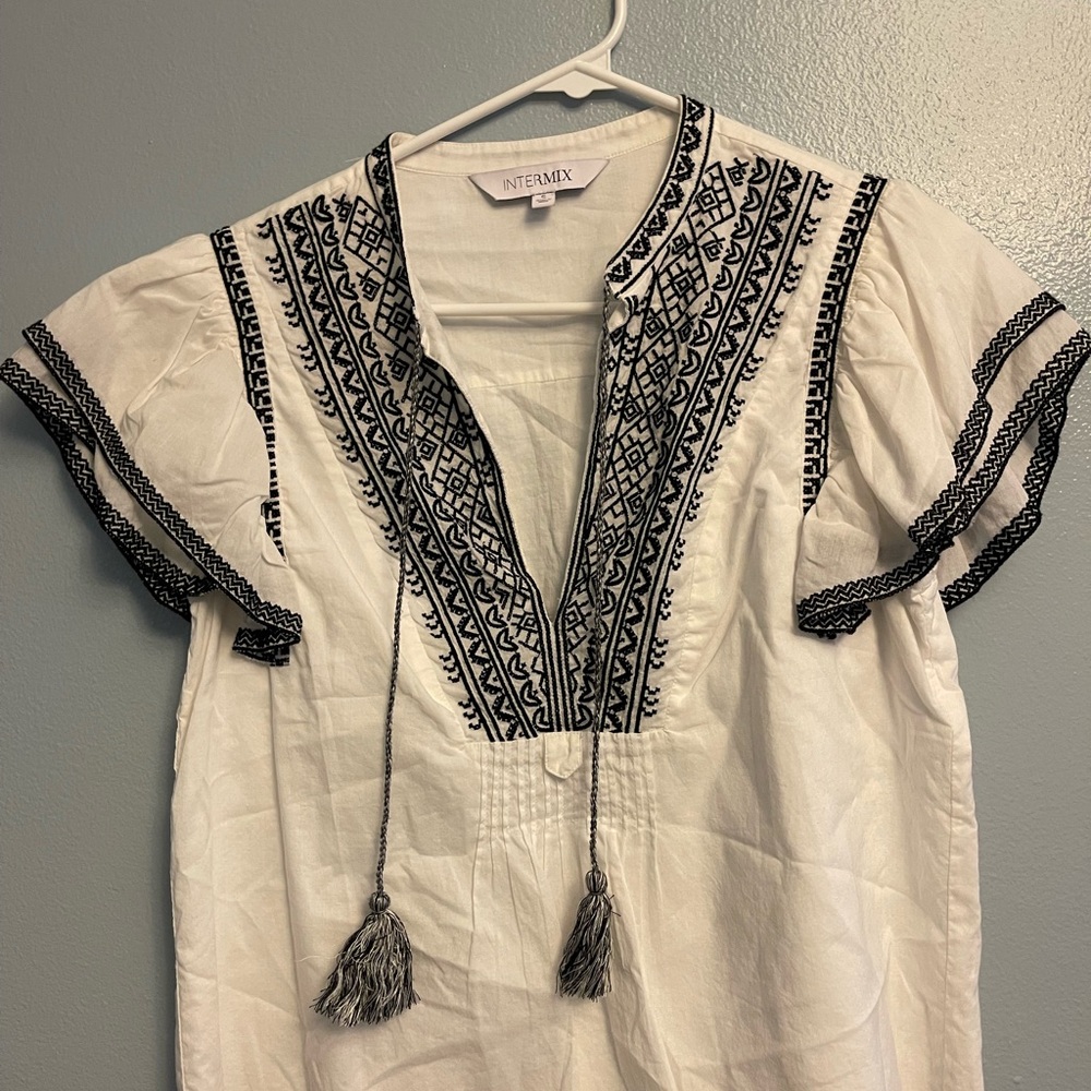INTERMIX White Blouse with Black Embroidery